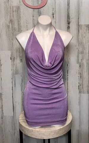Fiestar Lavender Cowl Neck Ruched Halter Mini Dress – Size Small thumbnail 1