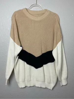 Neutral Colorblock Chevron Crewneck Sweater - Beige, Black & White Size L thumbnail 1
