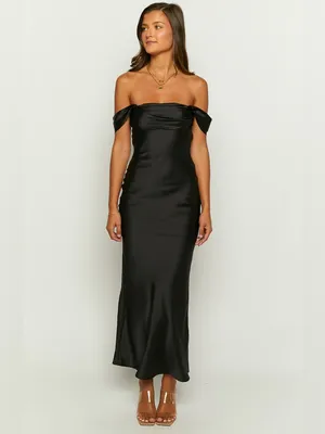 Beginning Boutique Ella Black Off Shoulder Formal Maxi Dress Size 4 New with tag thumbnail 2