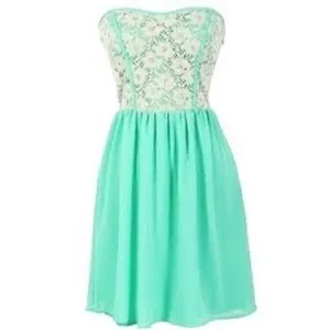 Buttons Mint Green & Ivory Lace Strapless Mini Dress Boho Sweetheart Skater Romantic M thumbnail 2