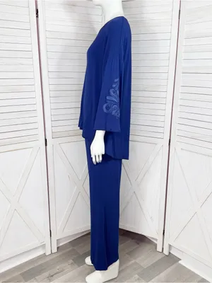 Soft‎ & Cozy Loungewear Embroidered Sleeve Wide Leg Pants Set Blue Small thumbnail 3