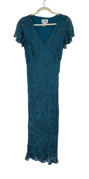 Vintage‎ Teal Floral Burnout Velvet Silk Blend Beaded Bias Cut Maxi Dress 8 thumbnail 1