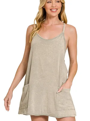 Zenana NWOT Acid wash romper athletic mini dress size medium in sleet thumbnail 1
