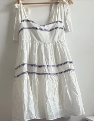 Mustard Seed White Mini Dress with Blue Embroidered Bands thumbnail 1