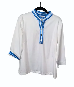Gretchen Scott‎ Mandarin Top Women M White Blue Striped Trim 3/4 Sleeve Stretch thumbnail 1