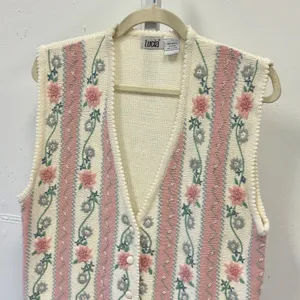 Lucia Vintage Floral Embroidered Crochet Knit Button Vest Sweater Large Pearls thumbnail 3