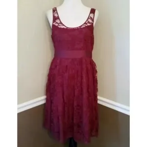 Burgundy Lace Dress Pleated Skirt Sleeveless Midi Cocktail Party BB Dakota Sz 2 thumbnail 2
