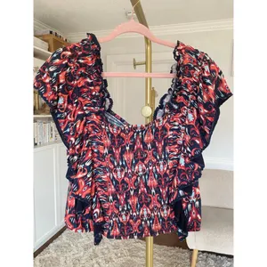 Anthropologie Let Me Be Boho Smocked Ikat Blouse Ruffle Sleeve‎ Romantic Peasant Top XL Boho thumbnail 3