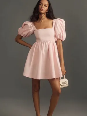 Anthropologie Puff Sleeve Square-Neck Mini Dress in Blush Pink thumbnail 2