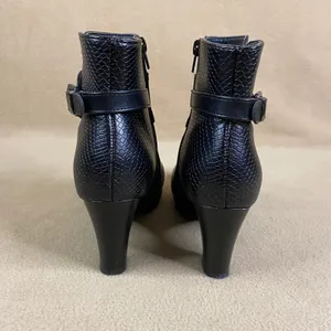 Black Faux Leather Ankle Boots Snake Print Buckle Chunky‎ Heel Zip Women's Sz 9 thumbnail 5