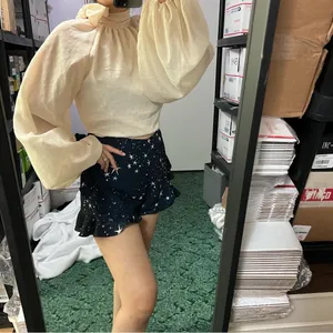 nasty gal glass fabric high neck tie back blouse cream French romance thumbnail 3