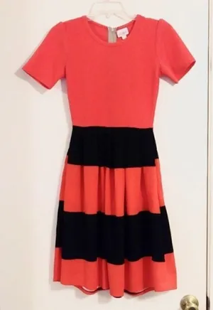 Lularoe Amelia Red and Black Striped Colorblock Midi Dress thumbnail 1