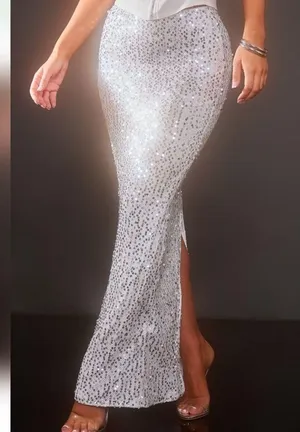 Pretty Little Thing NWT Silver Sequin Embellished Low Rise Drapey Maxi Skirt 6 thumbnail 5