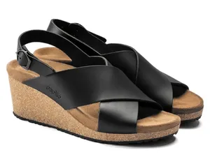 Papillio Black Leather Cork Wedge Sandals Size 8 thumbnail 1