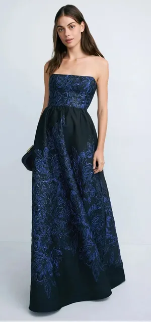 Dress the Population Strapless Black Gown with Navy Blue Embroidery thumbnail 1