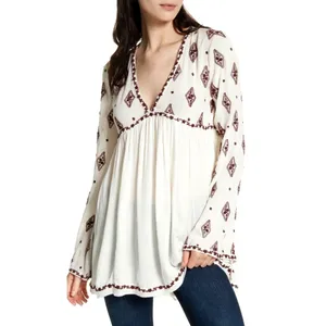 Free People Embroidered Diamond Top Mini Dress Cream Burgundy size S thumbnail 2