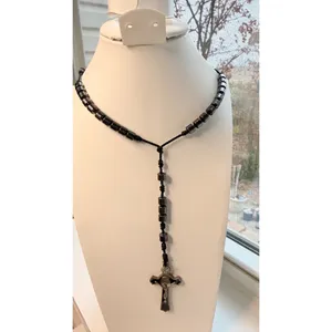 Handmade Black Rosary Necklace With Silver Metal Crucifix Pendant & Beaded Chain thumbnail 7