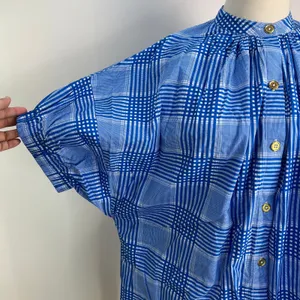 Never A Wallflower Elastic Sleeve Dress Blue Plaid Printed Cotton thumbnail 4