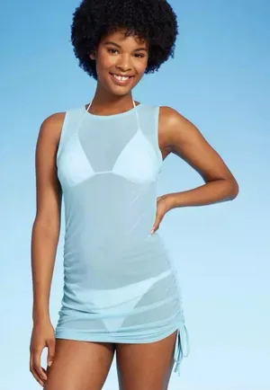 Wild Fable Women's Mesh Drawstring Ruched Swim Cover Up Dress - Blue Small thumbnail 1