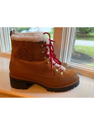 Tory Burch Shearling-Lined Brown Suede Hiking Boots with Red Laces Sz 8.5 thumbnail 4