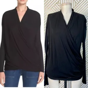 Alice + Olivia Air Top Long‎ Sleeve Blouse Faux Wrap Draped Black Size Small thumbnail 2
