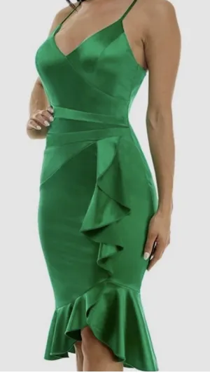 Emerald Sundae Cocktail Dress XS Green Satin Ruffle Flounce Holiday Party V-Neck thumbnail 1