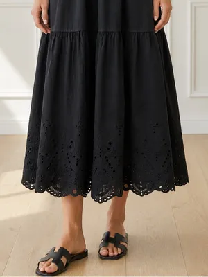 Baltic Born Annette Eyelet Tiered Midi Maxi Dress Black Sz L Puff Sleeve Cottage thumbnail 10