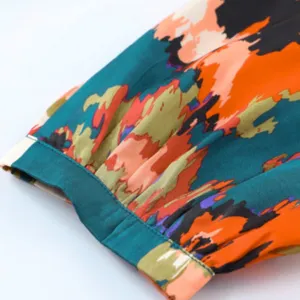 NEW Deep Turquoise Abstract Multicolor Print Belted Ruffle Satin Mini Dress thumbnail 10