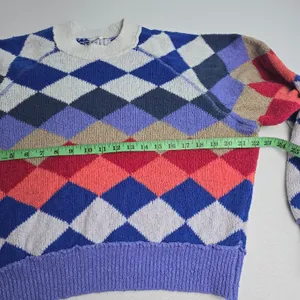 Free People Argyle Knit Sweater Blue Red Purple Diamond Pullover Small OB1255551 thumbnail 6
