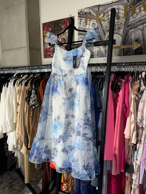 Lulus Sweet Composure Blue Floral Organza Off Shoulder Midi Dress Medium New NWT thumbnail 6