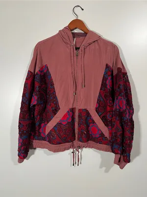Free People Magpie Embroidered Lace Sleeve Jacket Size Small Baggy Fit Pink Blue thumbnail 3