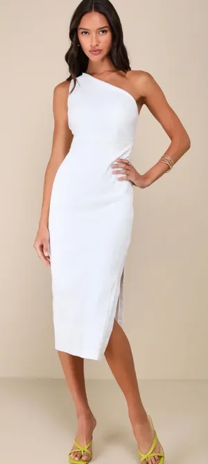 Lulus Poised in Positano‎ One Shoulder Dress Womens XS White Midi Slit thumbnail 1