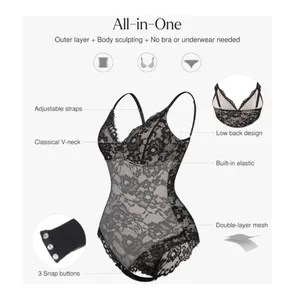 Popilush Lace‎ V-Neck Tummy Control Shapewear Bodysuit Thong Black XL NWT thumbnail 2