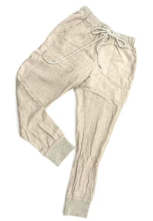 Beige Linen Like Jogger Pants Elastic Waist Ankle Cropped Casual Fit Pull On Hem thumbnail 1