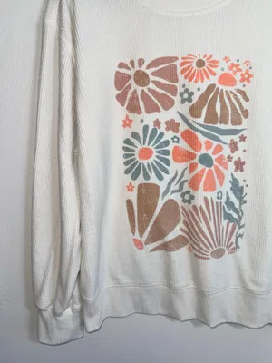 Maurices Corded Multi Floral Sweatshirt White Pullover Crew Neck thumbnail 4