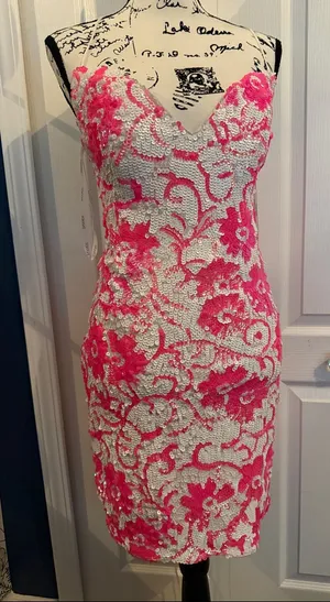 Jovani Pink and White Sequin Floral Mini Dress thumbnail 1