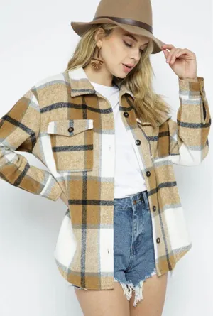 Oversized Plaid Shacket Tan Size L thumbnail 2