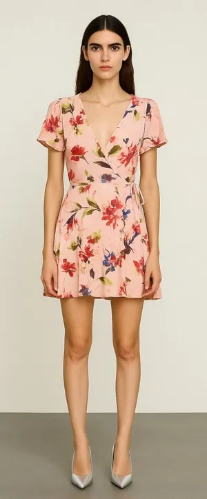 Lulus Cherished Love Pink Floral Short Sleeve Mini Fit & Flare Wrap Dress Size M thumbnail 1
