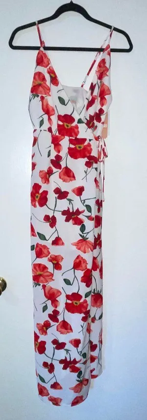GB‎ Gianni Bini Spaghetti Strap White Red Floral Wrap Maxi Dress Size XS thumbnail 1