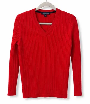 Tommy Hilfiger Red Cable Knit V-Neck Sweater Women’s Medium Classic Cotton thumbnail 1