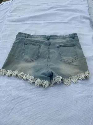 Washed Light Blue Denim Shorts with Lace Trim thumbnail 3