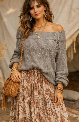 NY & Co Soho Jeans Sweater Gray Off Shoulder Cable Knit Boho Minimalist Casual M thumbnail 1