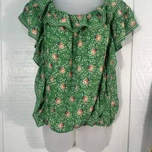 Max Studio Top Green Floral Women's Elastic Shoulder Top Size Large EUC thumbnail 2