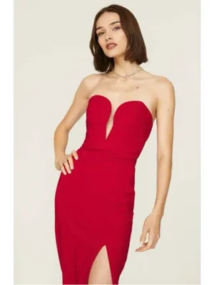 Aidan Mattox Strapless Maxi Dress 4 Red Plunge Neckline Slit Gown Sweetheart thumbnail 4