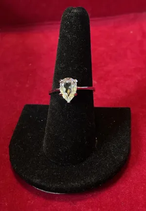 Icy Glassy Pear Cut Faux Diamond Solitaire Costume Ring Silver Tone Size 8 thumbnail 1