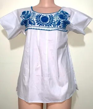 Mexican handmade blue embroidered woman size SMALL shirt made in Mexico thumbnail 1