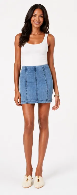 🦋 Free People Denim Mini Skirt Size 4 Blue Stretch Seamed Y2K Boho 🦋‎ thumbnail 1