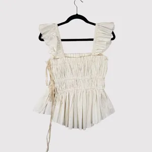 Free People Womens Top Beige Claude Corset Blouse Peplum Cottagecore Boho Medium thumbnail 3