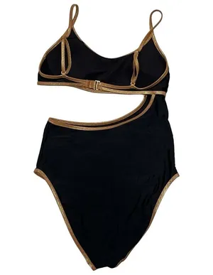 Aerie Black & Gold Full Coverage Cutout One Piece Swimsuit size Medium thumbnail 2