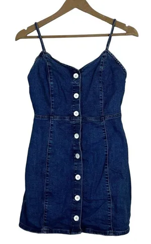 Zara TRF Authentic Denim Button Front Mini Dress Dark Wash Blue 90s Style Size M thumbnail 1